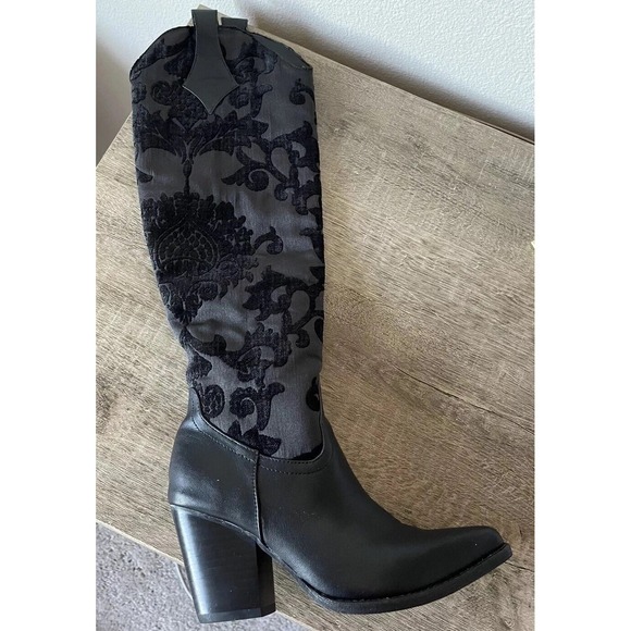 Dolls Kill Shoes - Dolls Kill Widow Supreme Ascension Brocade High Boots Pull On  SZ 6 Embroidered